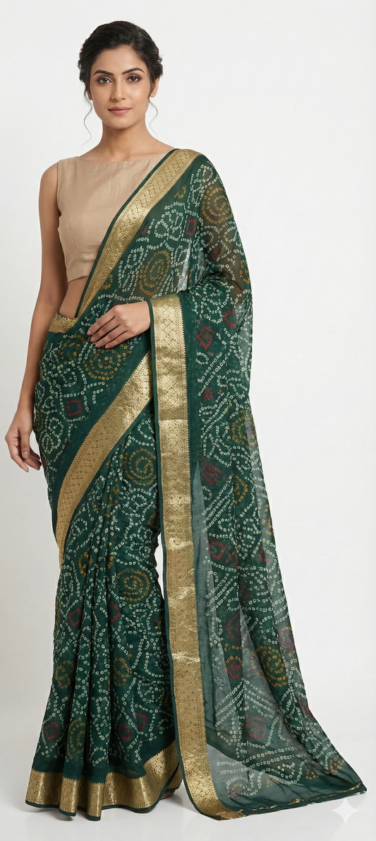 Beautiful Green Printed Chiffon Bandhej Bandhani Saree