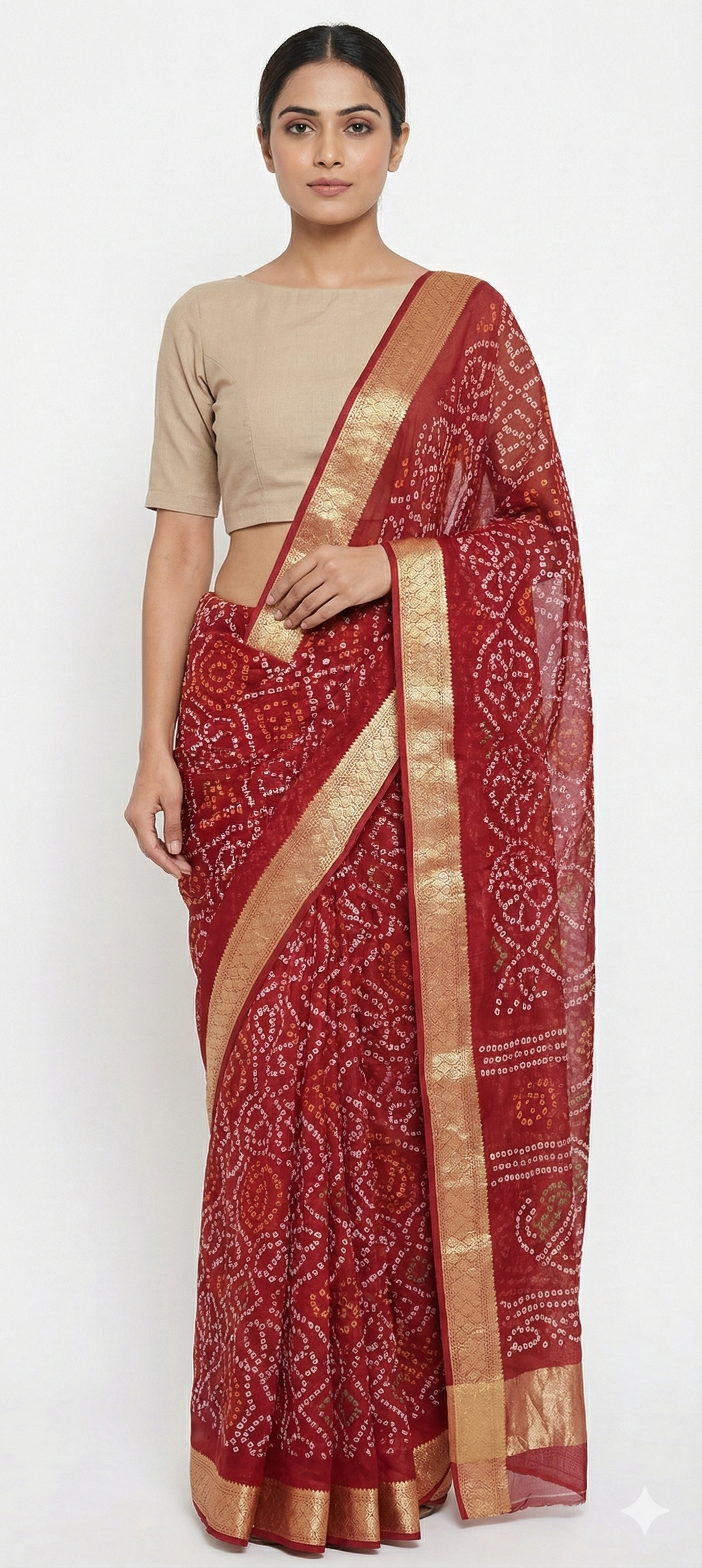 Beautiful Rust Red Printed Chiffon Bandhej Bandhani Saree
