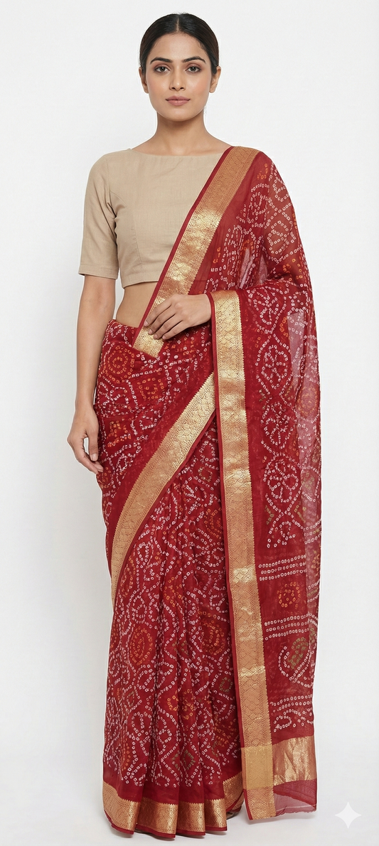 Beautiful Rust Red Printed Chiffon Bandhej Bandhani Saree