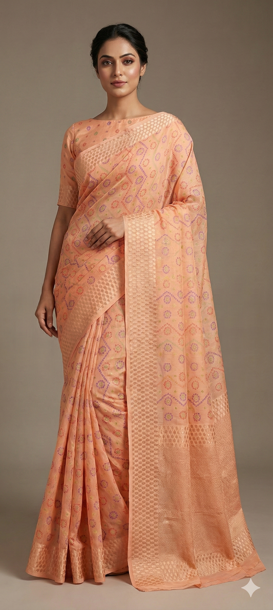 Peach Bandhej Bandhani Printed Chinon Chiffon saree SHVGS10