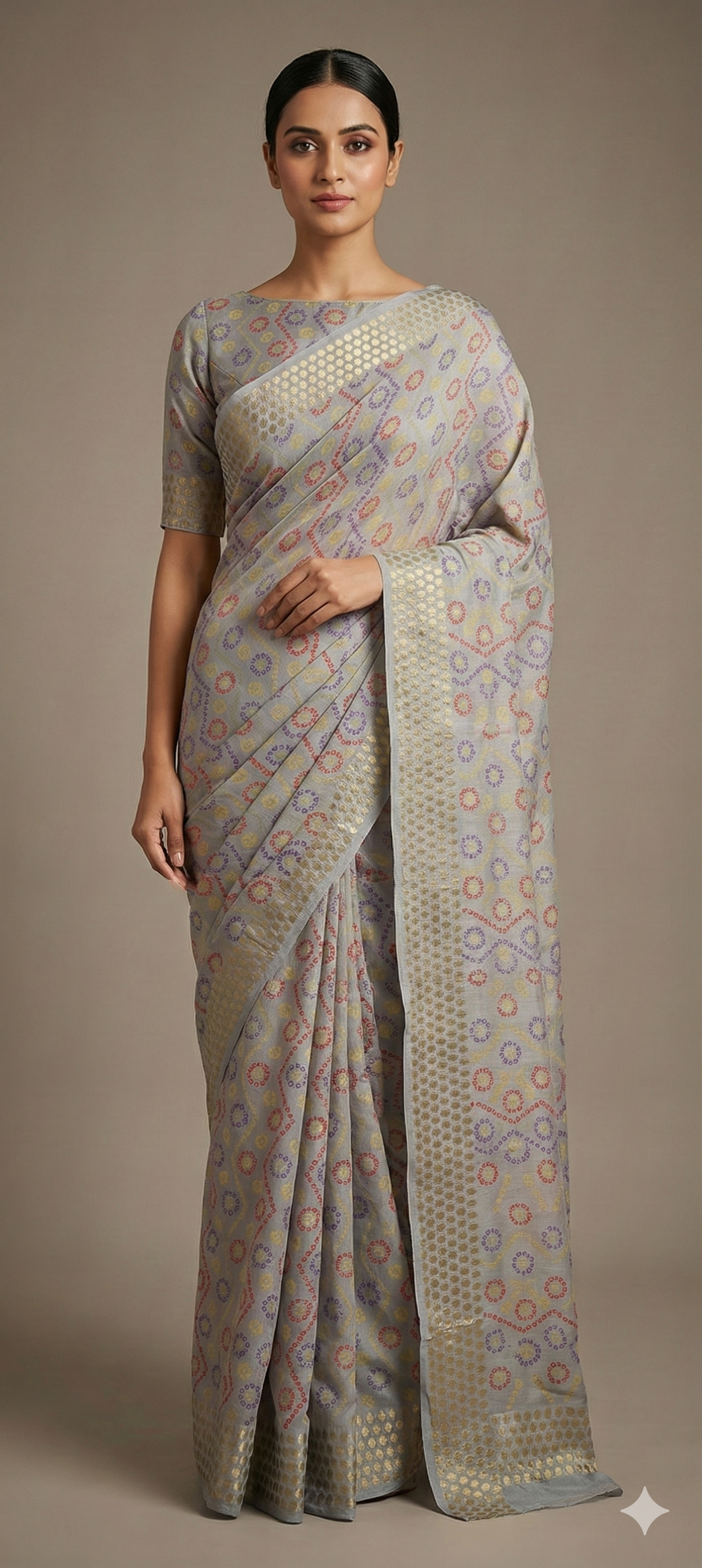 Gray Bandhej Bandhani Printed Chinon Chiffon saree SHVGS05