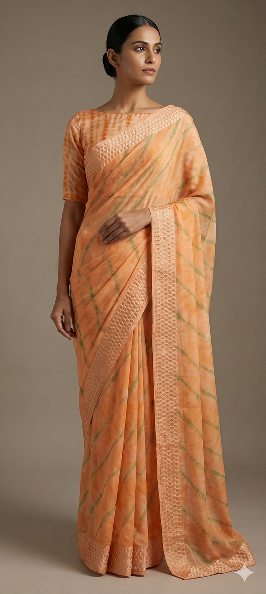 Peach Bandhej Bandhani Printed Chinon Chiffon saree SHVGS01