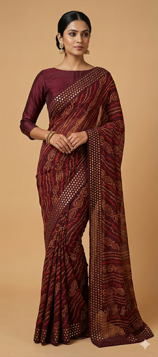 Maroonish Brown Bandhej Bandhani Printed Chinon Chiffon saree SHVGS02