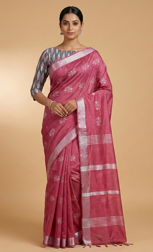 Pink Weaven Linen Cotton Saree with Pure Ikkat Cotton Blouse BHR07