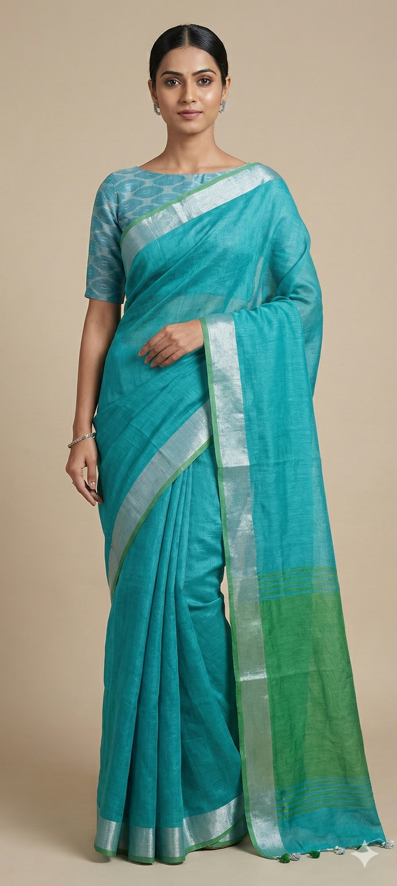 Blue Green Soft Linen Cotton Saree with Pure Ikkat Cotton Blouse BHR05