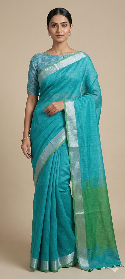 Blue Green Soft Linen Cotton Saree with Pure Ikkat Cotton Blouse BHR05