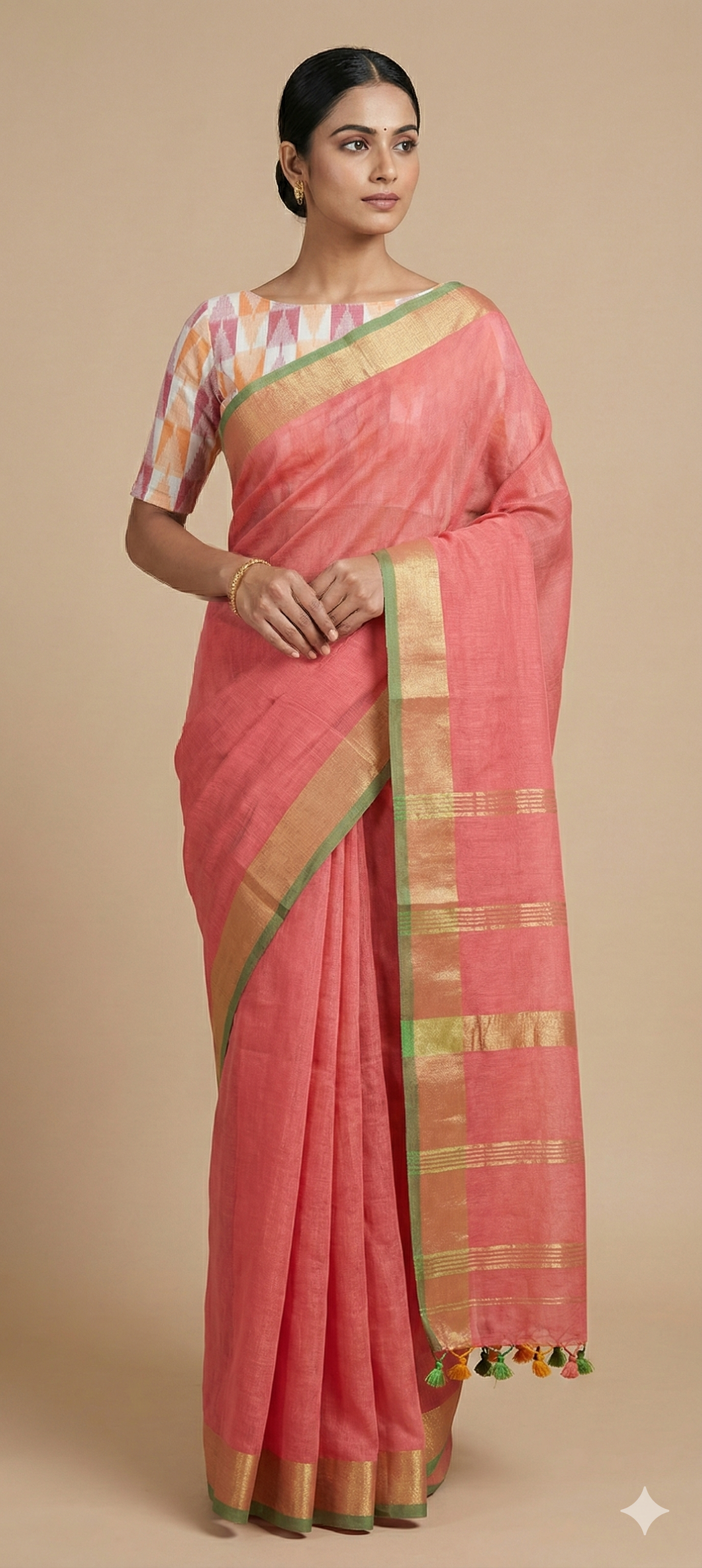 Pink Soft Linen Cotton Saree with Pure Ikkat Cotton Blouse BHR06