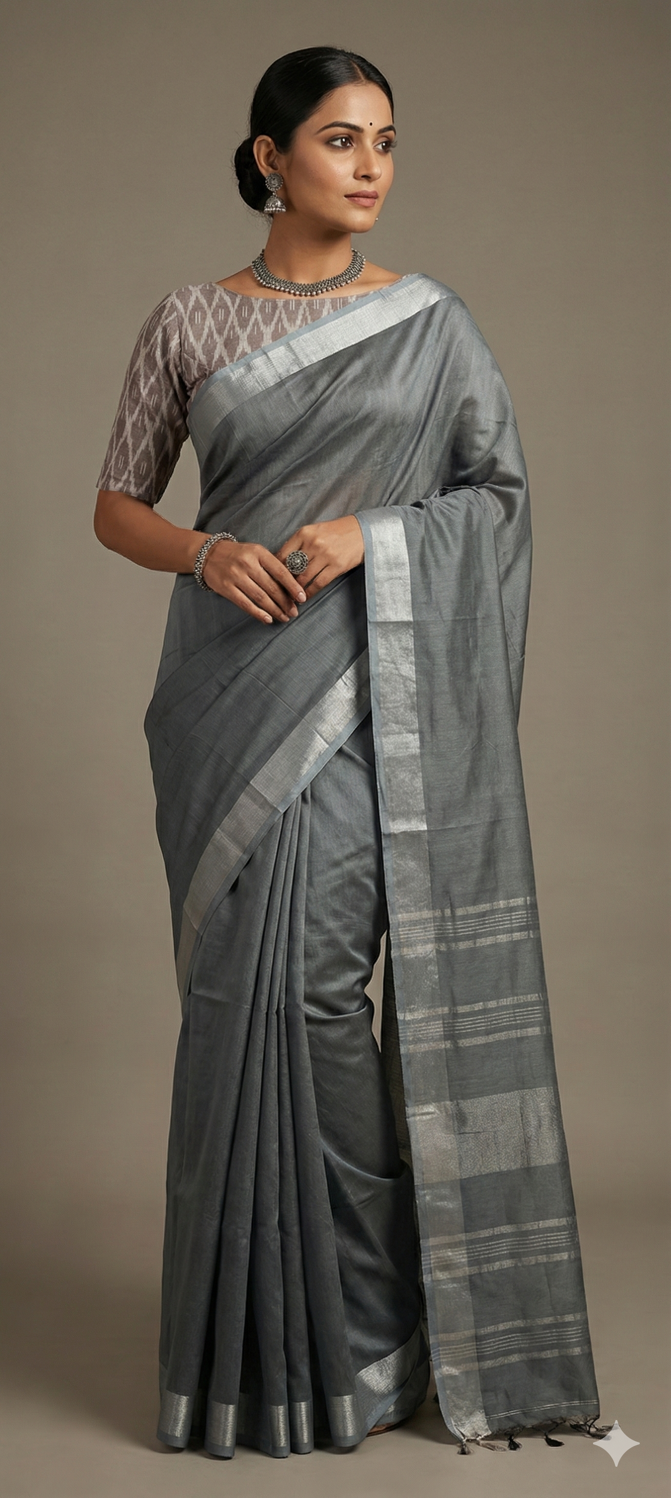 Grey Linen Cotton Saree with Pure Ikkat Cotton Blouse BHR03