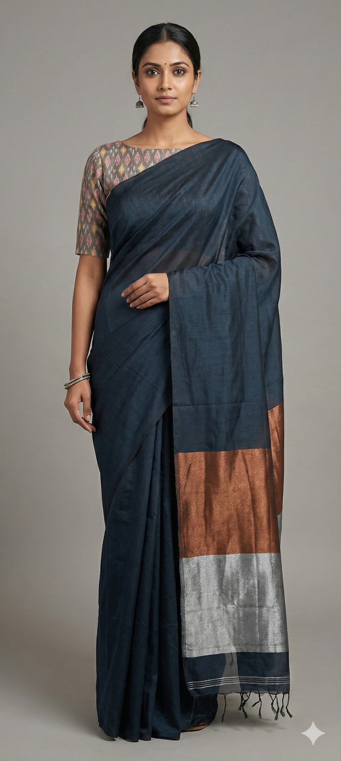 Black Handloom Cotton Saree with Pure Ikkat Silk Blouse BHR02