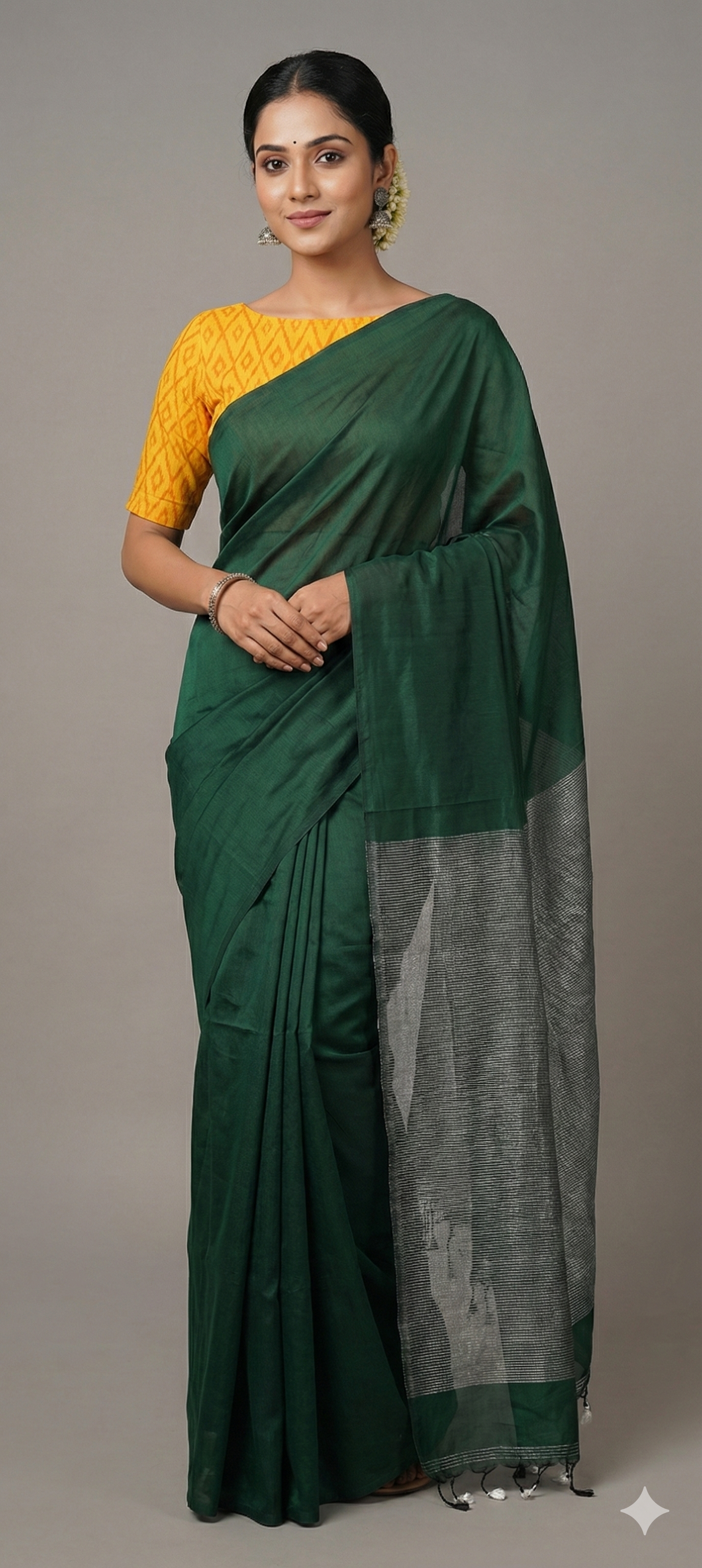 Dark Green Handloom Cotton Saree with Pure Ikkat Silk Blouse BHR01