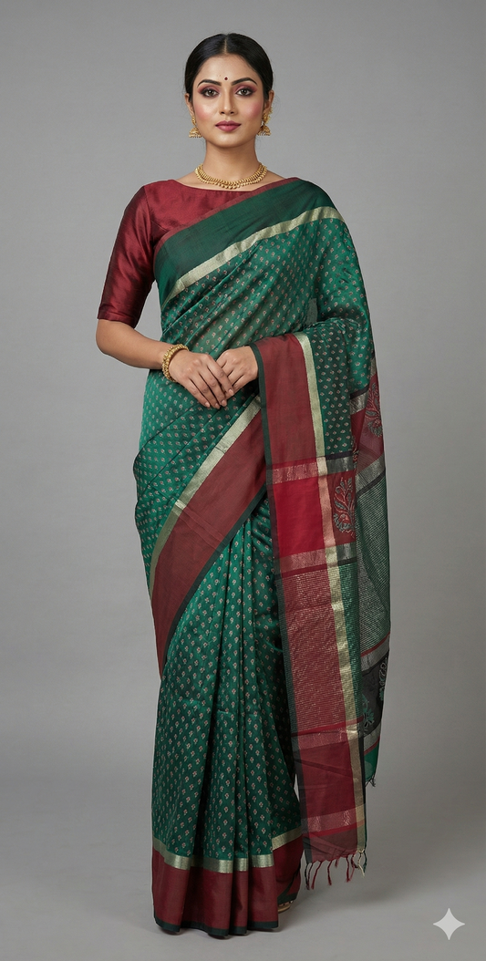 Pure Maheshwari Block Printed Cotton Silk Green Saree