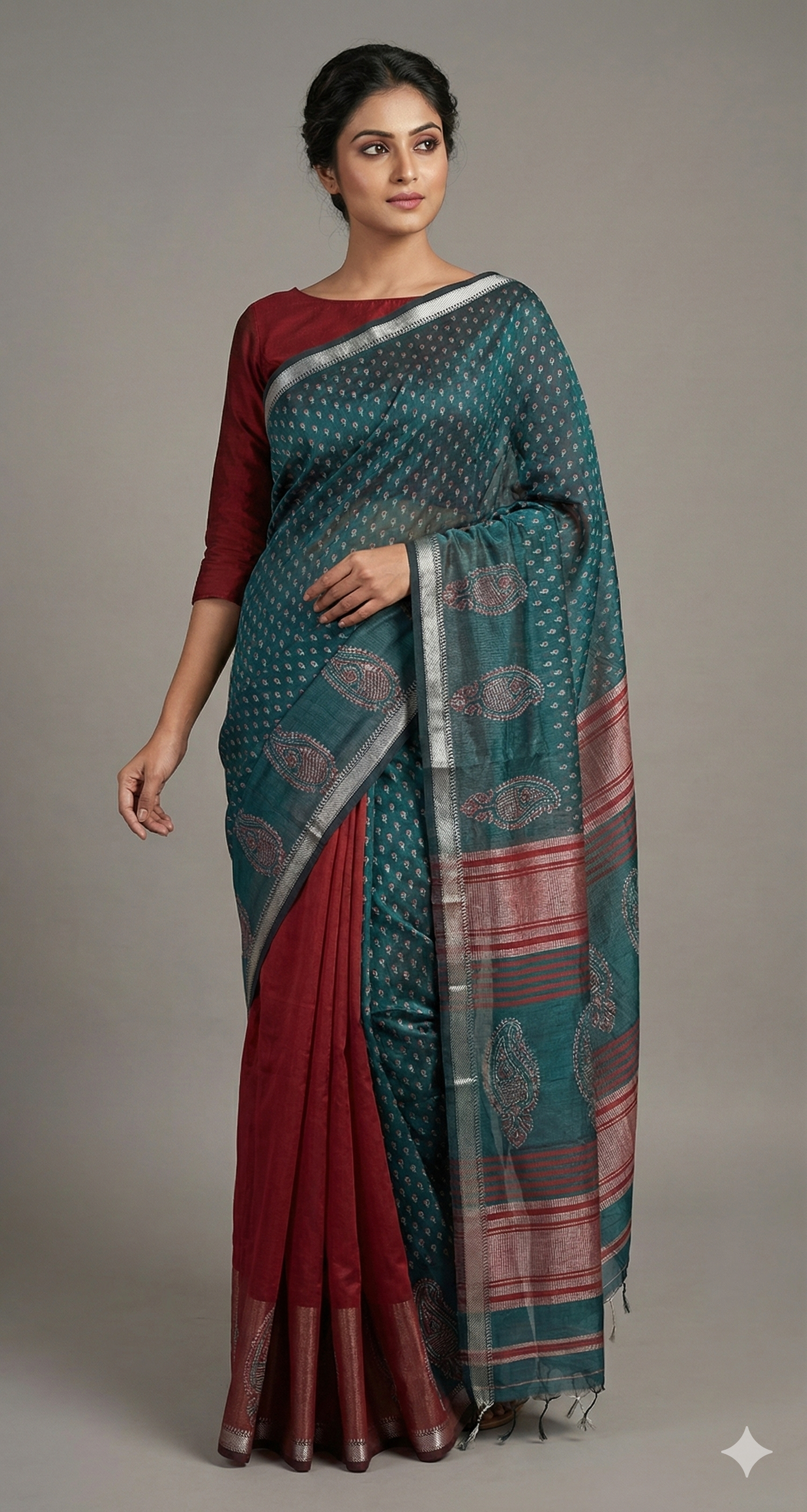 Pure Maheshwari Block Printed Cotton Silk Green Saree
