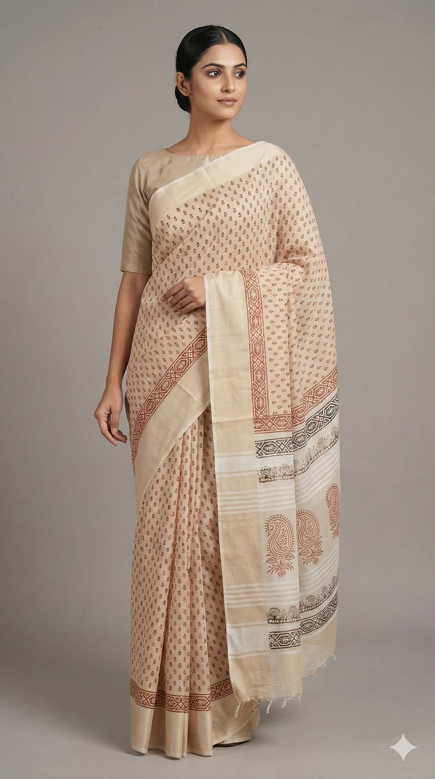 Pure Maheshwari Block Printed Cotton Silk Beige Saree
