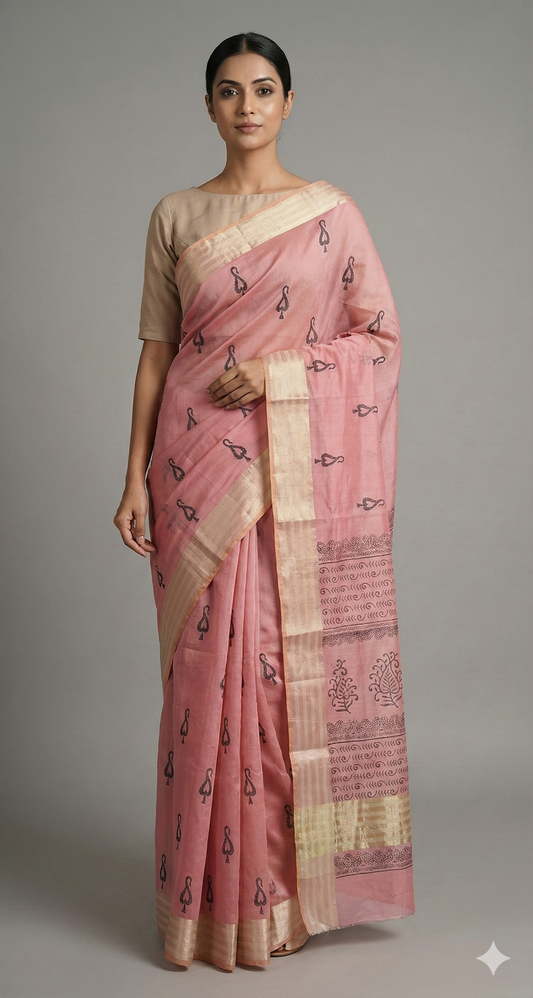 Pure Maheshwari Block Printed Cotton Silk Pink Saree