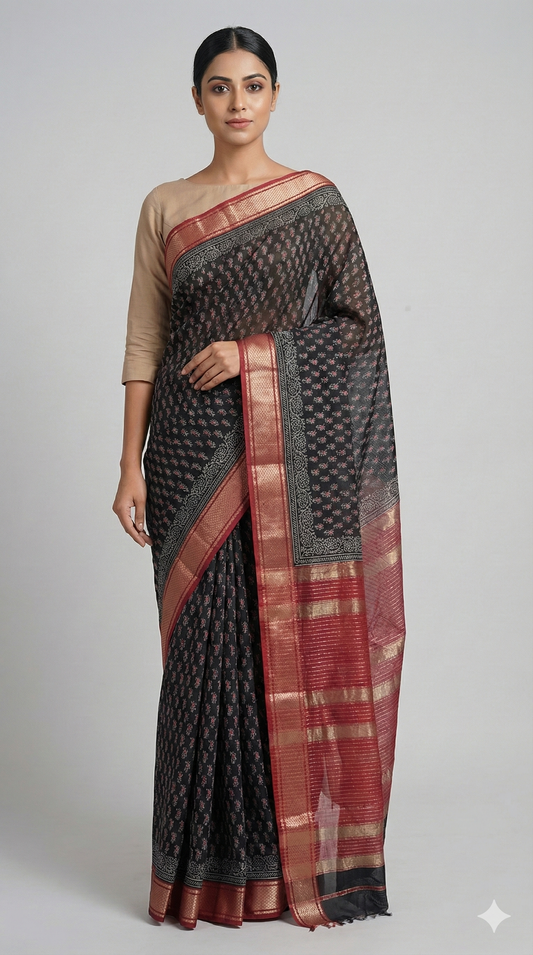 Pure Maheshwari Block Printed Cotton Silk Black Saree