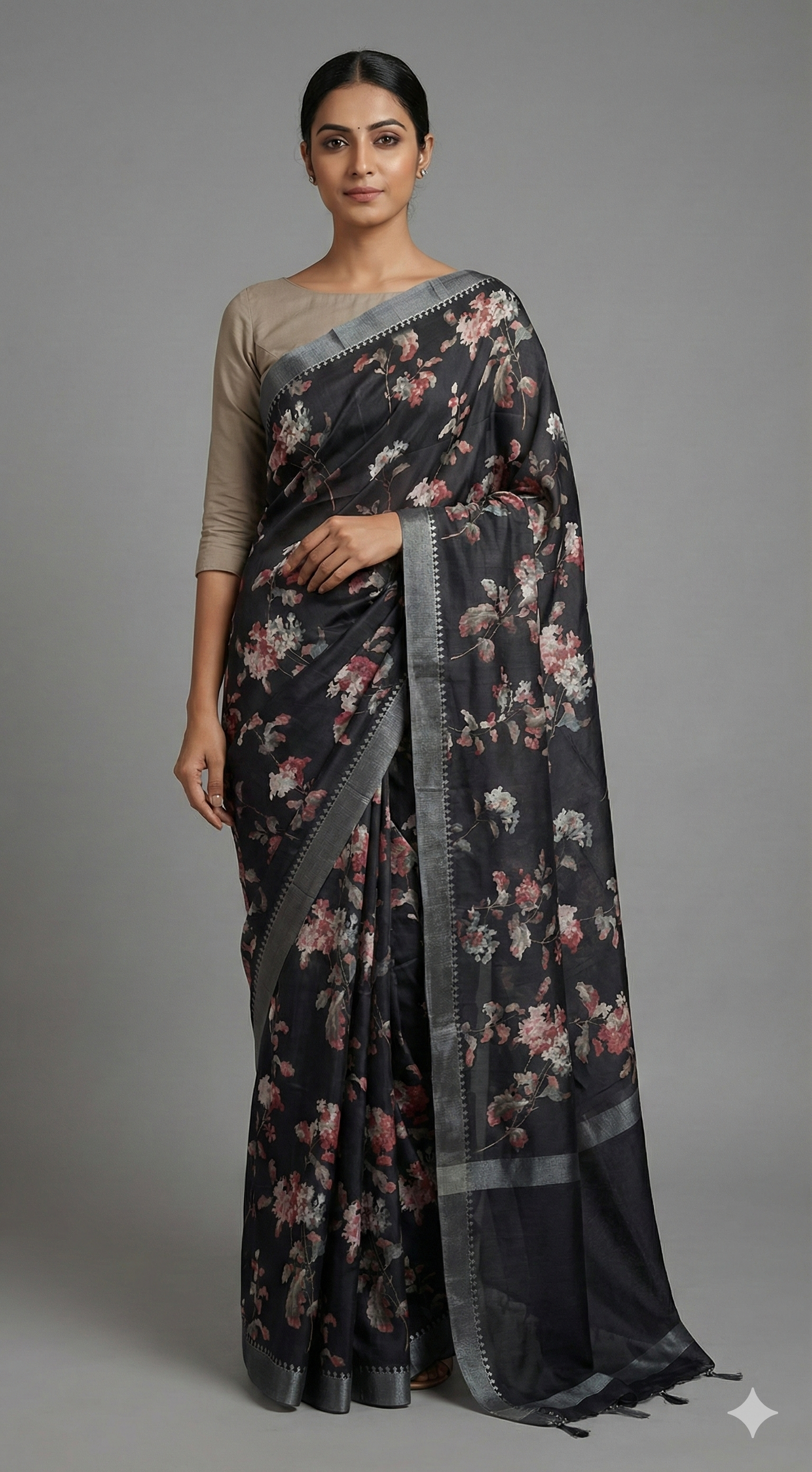 Black Printed Tussar Silk Saree