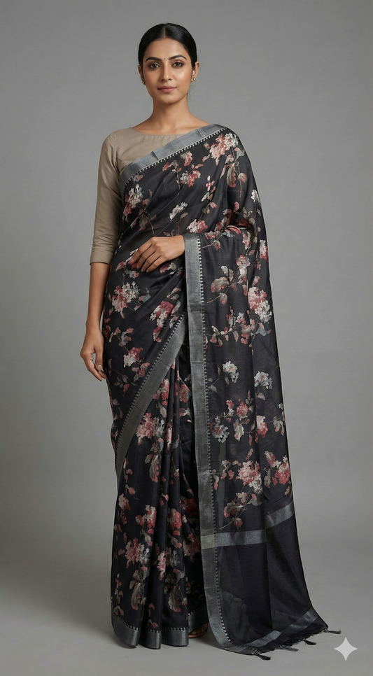 Black Printed Tussar Silk Saree