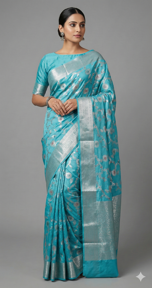 Firozi Blue Khaddi Katan Banarasi Saree