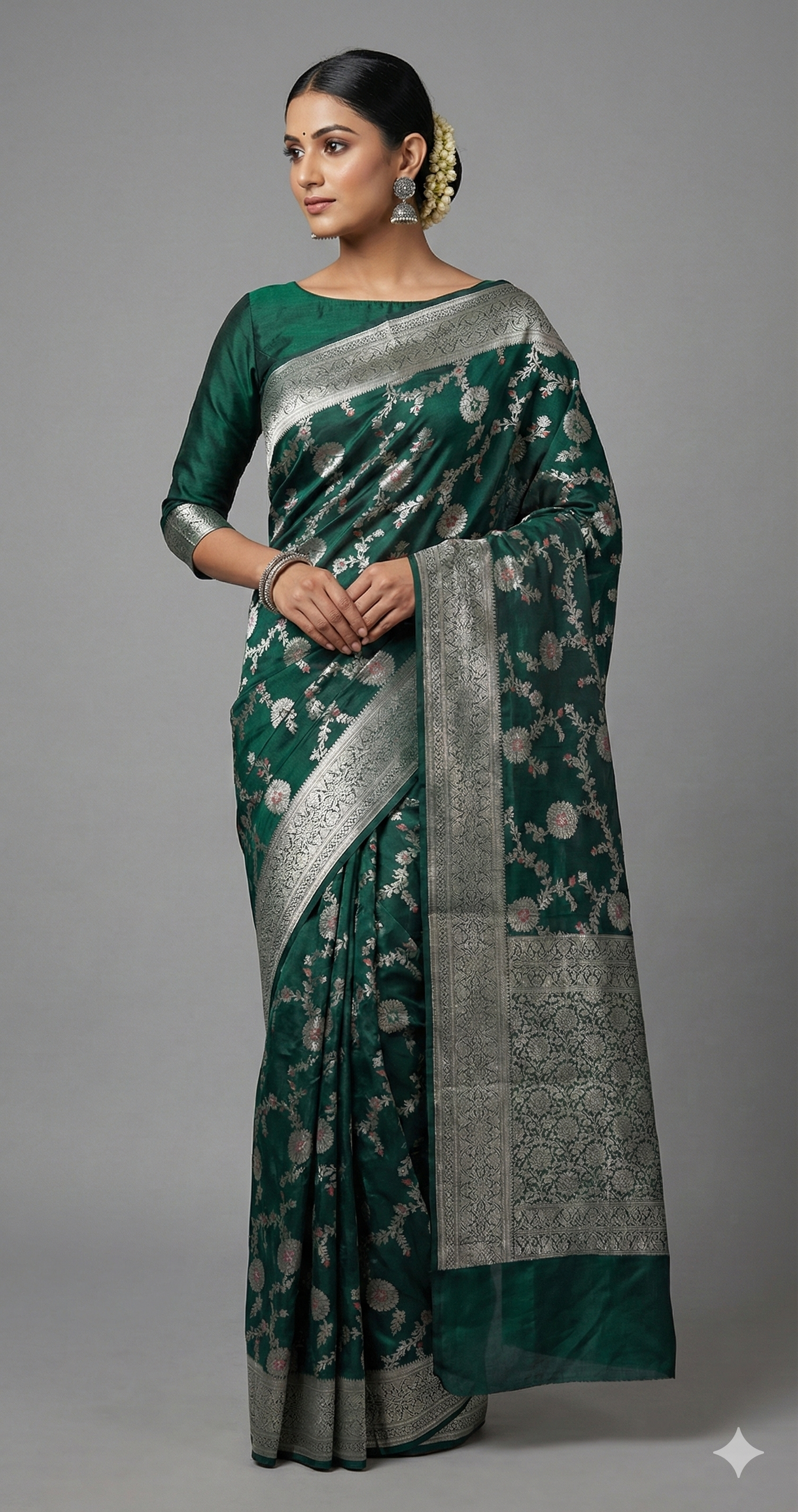 Bottle Green Khaddi Katan Banarasi Saree
