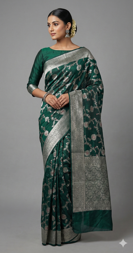 Bottle Green Khaddi Katan Banarasi Saree