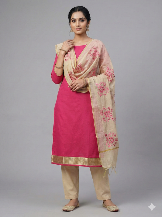 Pink Maheshwari Cotton Silk Dress Material