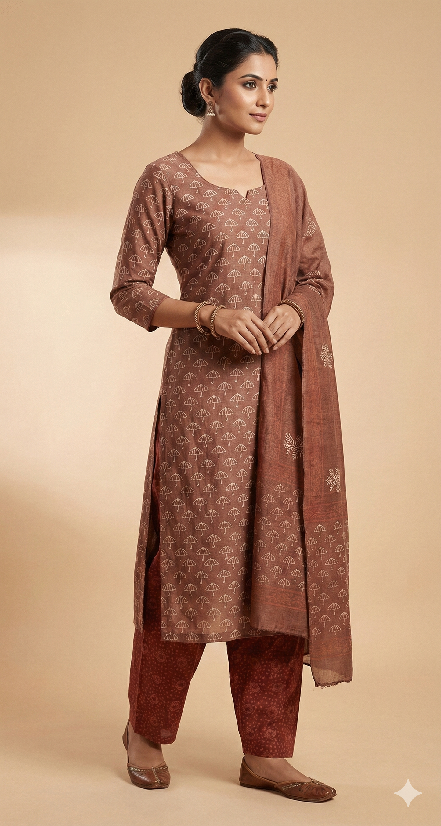 Light Brown Khadi Cotton Silk Block Printed Suit