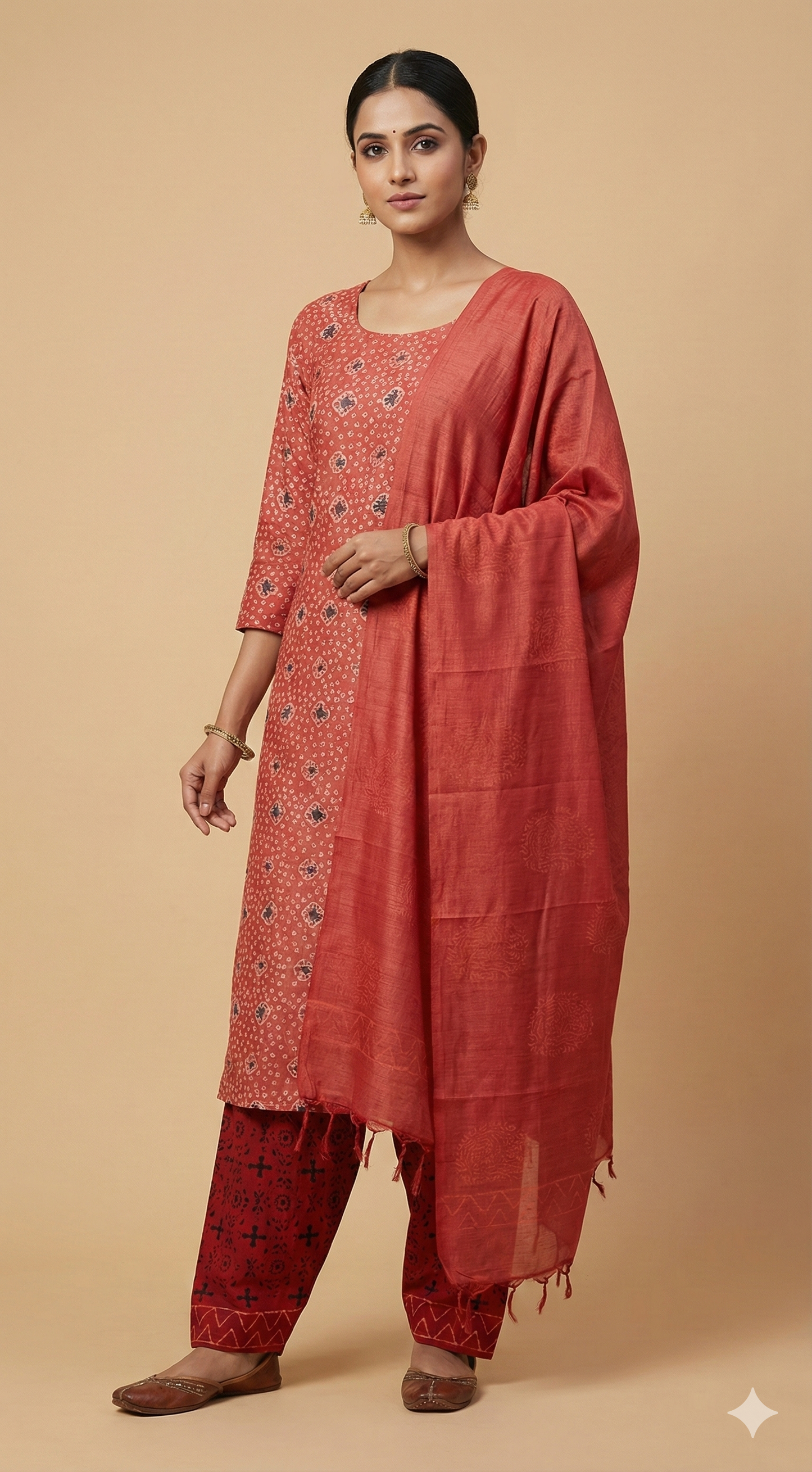 Rust Orange Khadi Cotton Silk Block Printed Suit