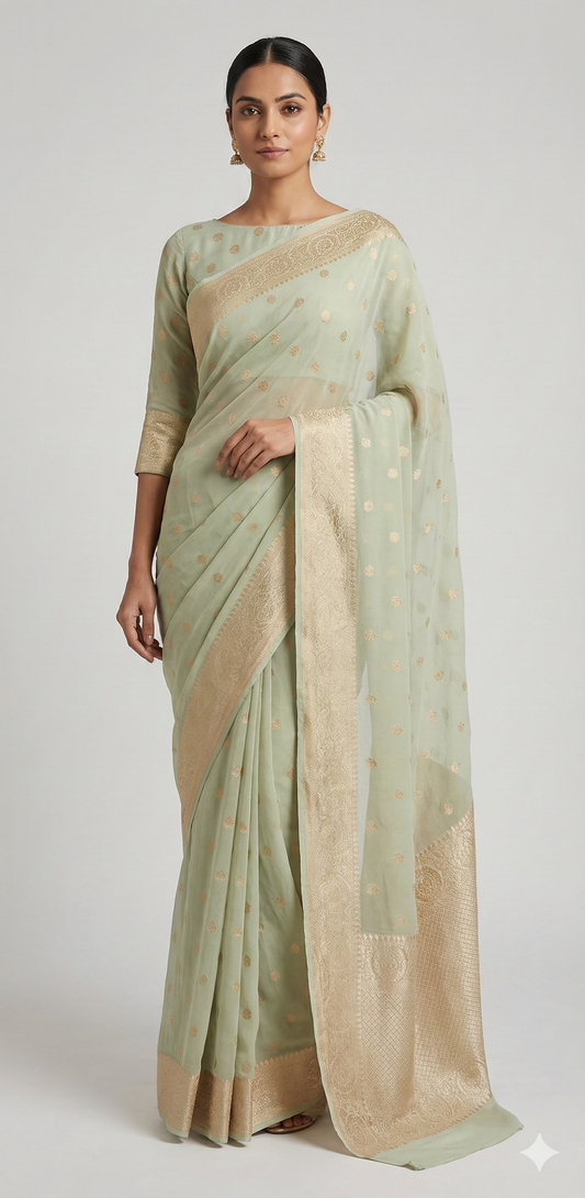 Exclusive Lime Green Pure Khaddi Georgette Banarasi Saree