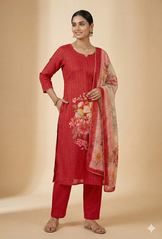 Pure Muslin Semi Stitched Red Digital Printed Suit EVSS01