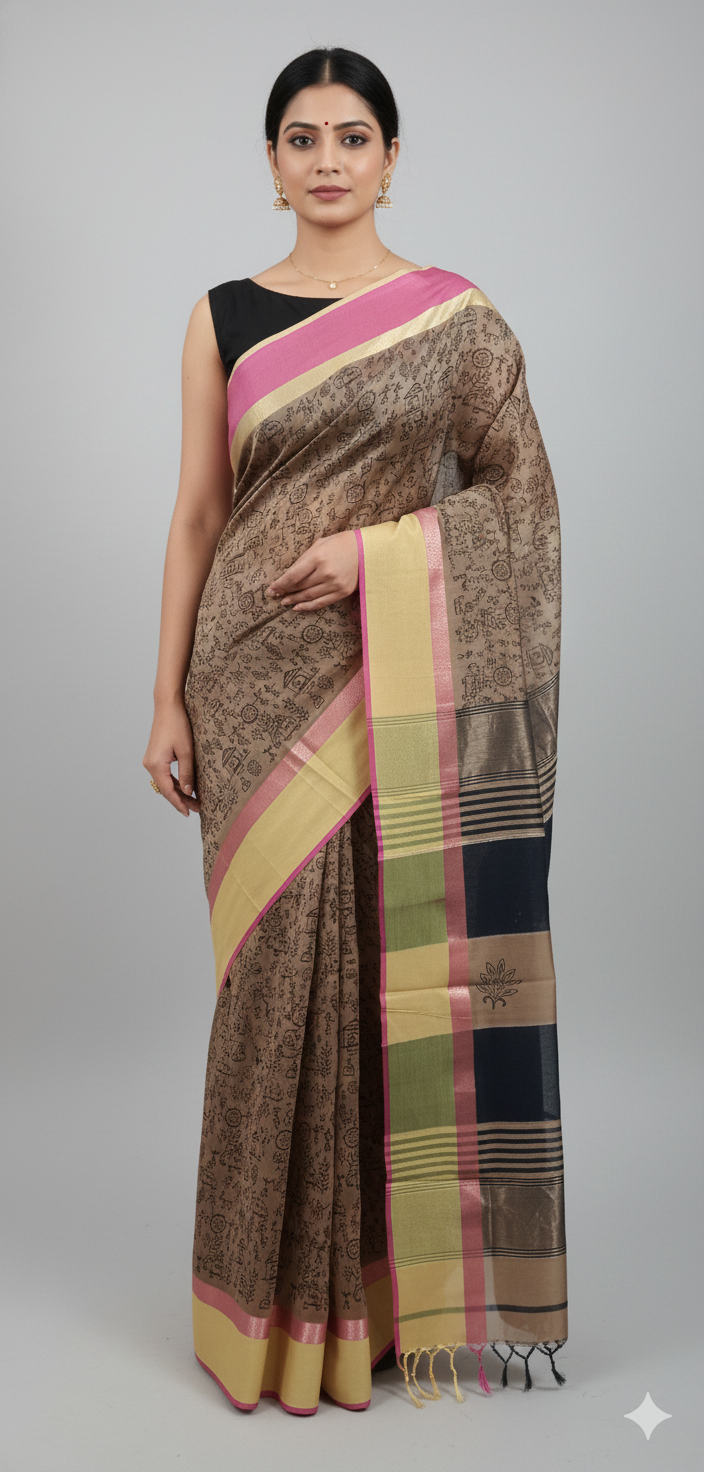 Pure Maheshwari Block Printed Cotton Silk Brown Saree