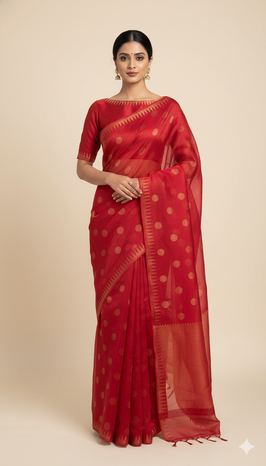 Red Pure Tissue Organza Polka Weave Saree