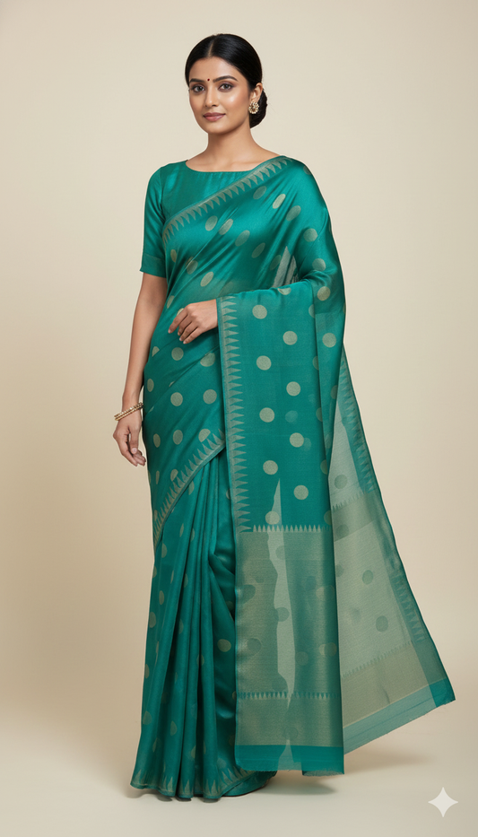 Turquoise green Pure Tissue Organza Polka Weave Saree