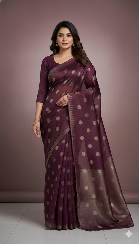 Wine Pure Tissue Organza Polka Weave Saree