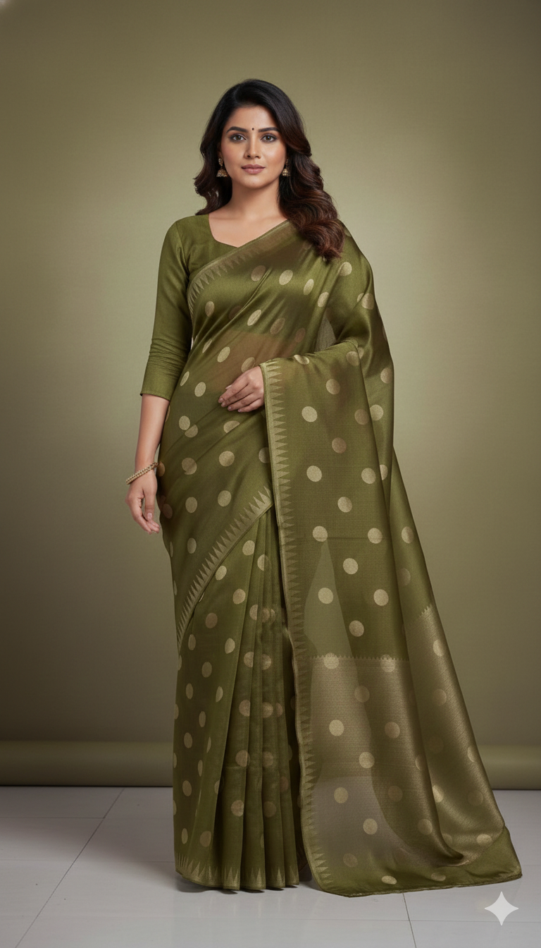 Mehndi Green Pure Tissue Organza Polka Weave Saree