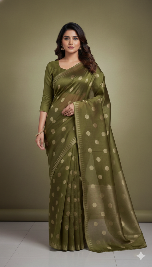 Mehndi Green Pure Tissue Organza Polka Weave Saree