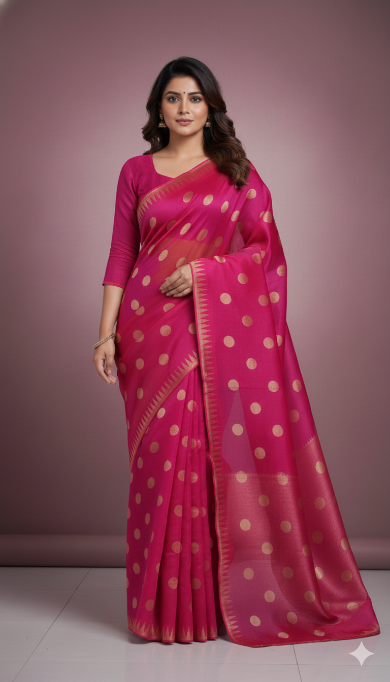 Magenta Pink Pure Tissue Organza Polka Weave Saree