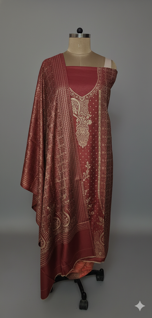 Jamawar Pashmina Weaving Three Piece Dress Material Suit | Premium Winter Ethnic Wear EVP10