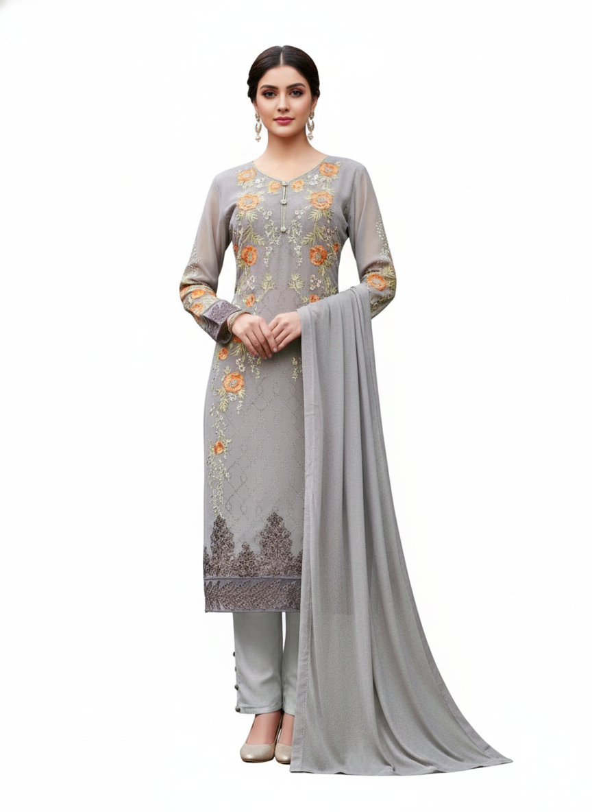 Designer Semi Stitched Grey Georgette Dress Material SC2003