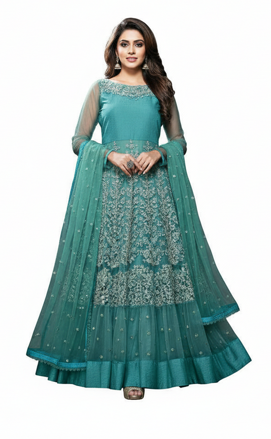 Turquoise Semi Stitched Blue Net Long Anarkali Dress Material SC2610