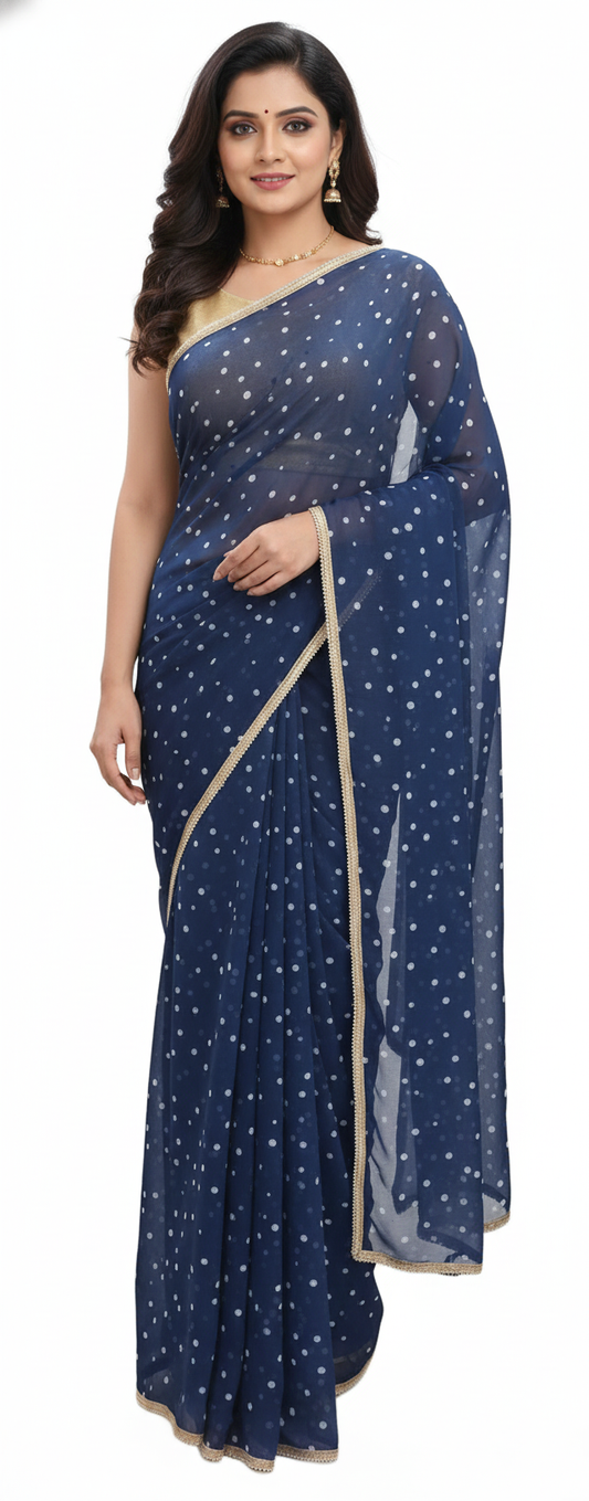 Designer Georgette Blue Polka Dot Printed Pearl Lacer Saree SP24