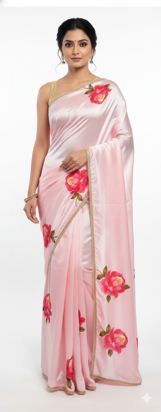 Designer Satin Crepe Digital Printed Pearl Lacer Saree SP23