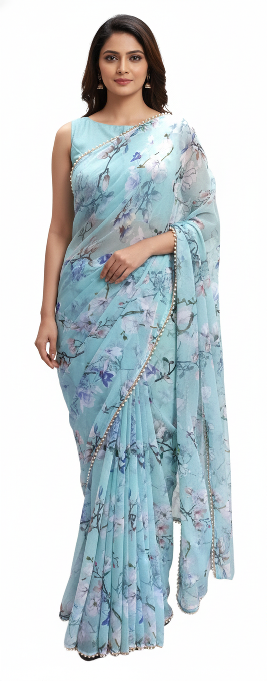Designer Faux Georgette Turquoise Pearl Lacer Saree ND08
