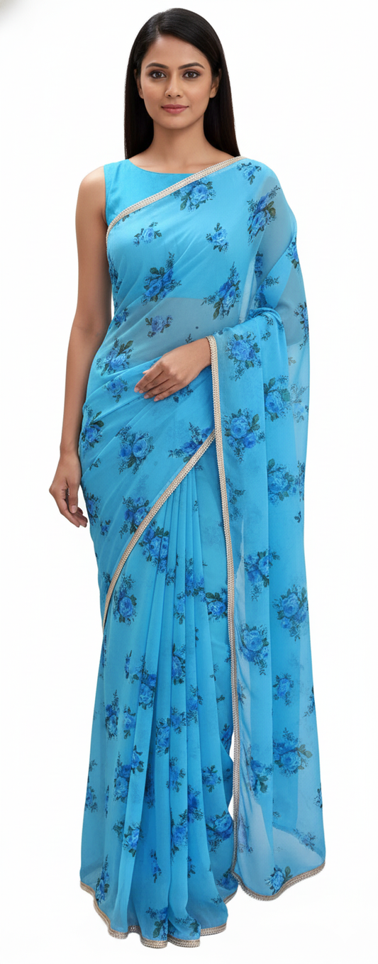 Designer Georgette Blue Floral Printed Pearl Lacer Saree SP29