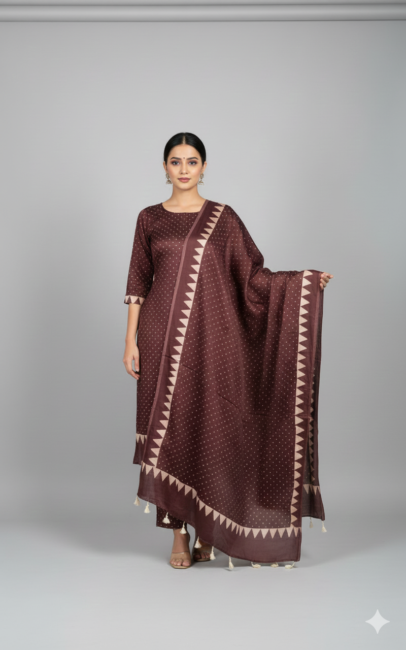Brown Pure Modal Silk Hand Block Printed Kurta Dupatta Set (Unstitched) | Premium Artisan Crafted Dress Material