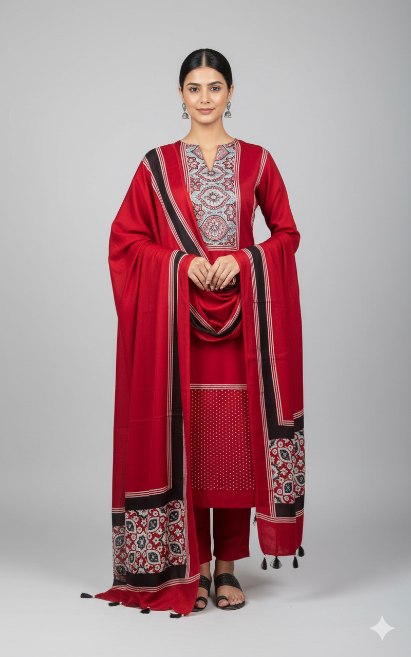 Maroon Pure Modal Silk Ajrakh Printed Kurta Dupatta Set (Unstitched) | Premium Artisan Crafted Dress Material
