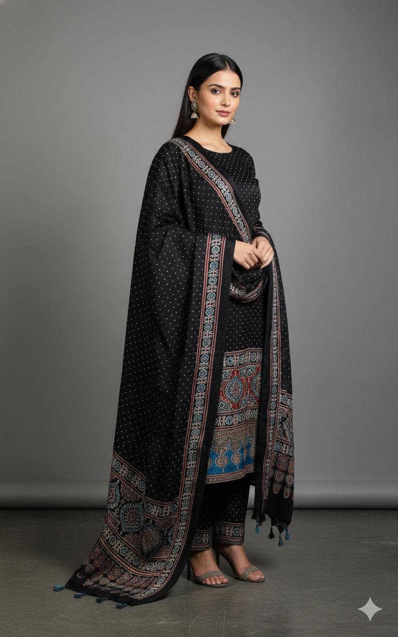 Black Pure Modal Silk Ajrakh Printed Kurta Dupatta Set (Unstitched) | Premium Artisan Crafted Dress Material