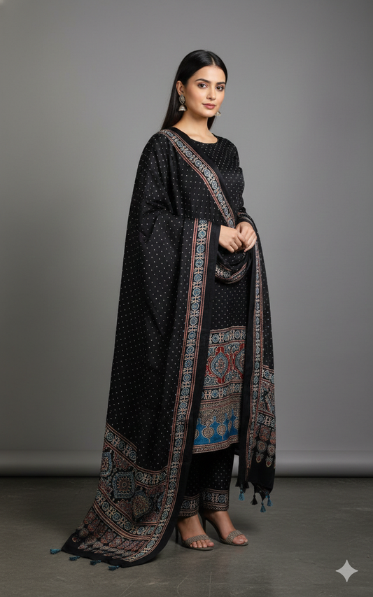 Black Pure Modal Silk Ajrakh Printed Kurta Dupatta Set (Unstitched) | Premium Artisan Crafted Dress Material