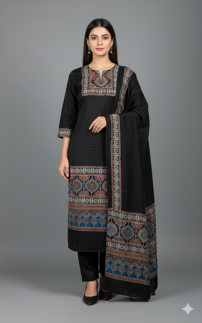 Black Pure Modal Silk Ajrakh Printed Kurta Dupatta Set (Unstitched) | Premium Artisan Crafted Dress Material