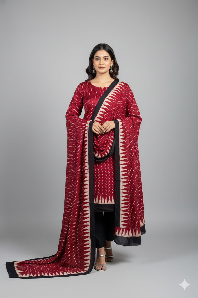 Maroon Pure Modal Silk Hand Block Printed Kurta Dupatta Set (Unstitched) | Premium Artisan Crafted Dress Material