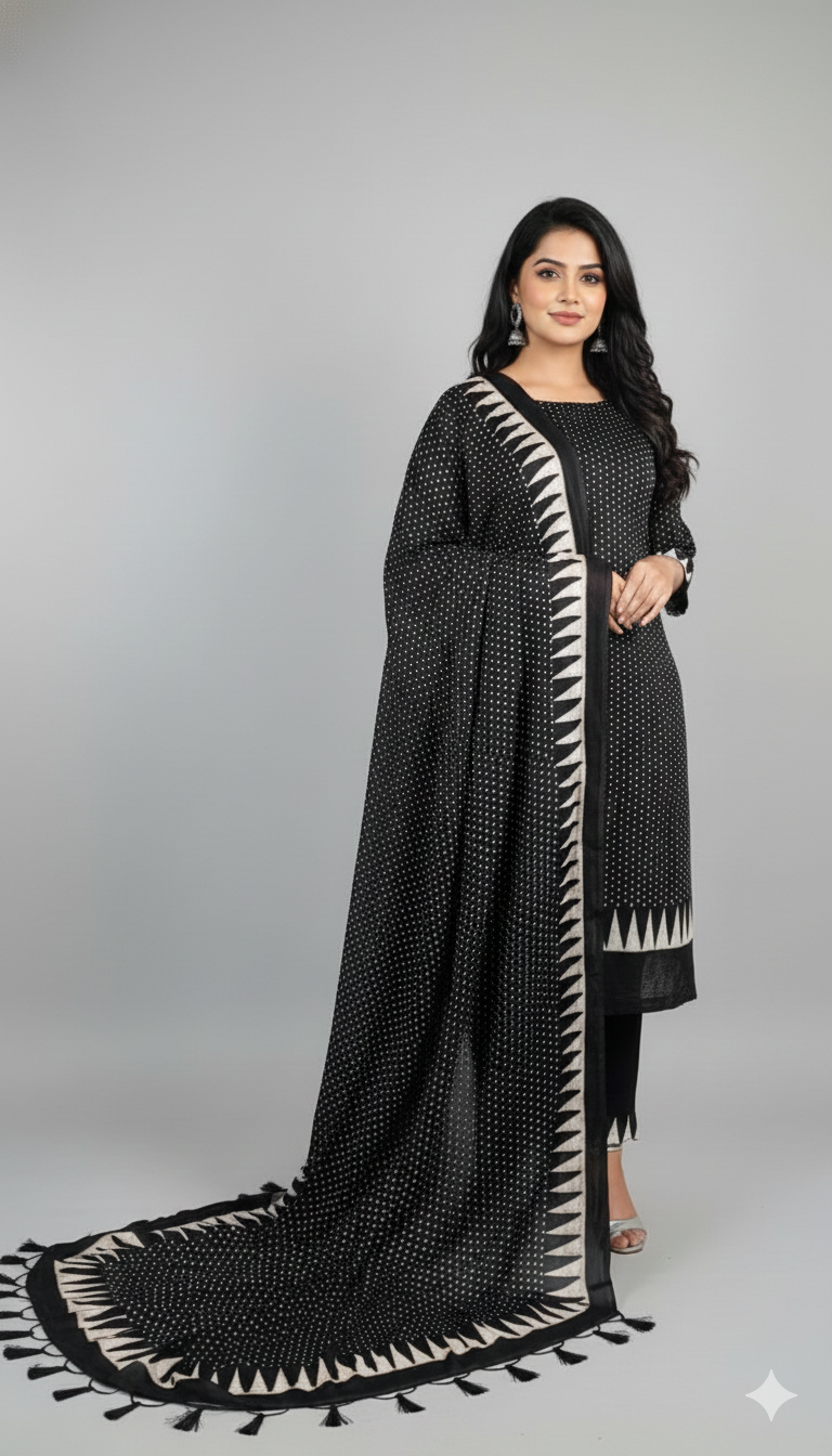 Black Pure Modal Silk Hand Block Printed Kurta Dupatta Set (Unstitched) | Premium Artisan Crafted Dress Material